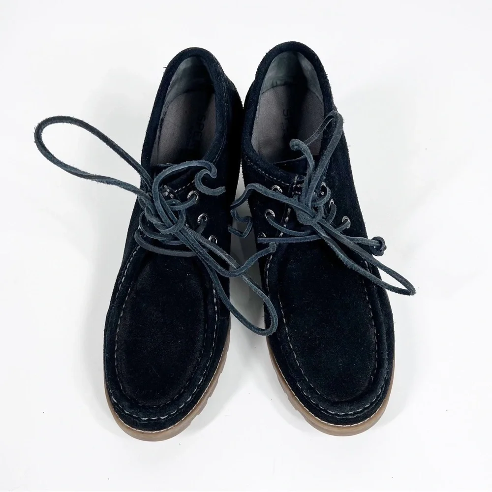 Sperry Stella Black Suede lace up wedge bootie